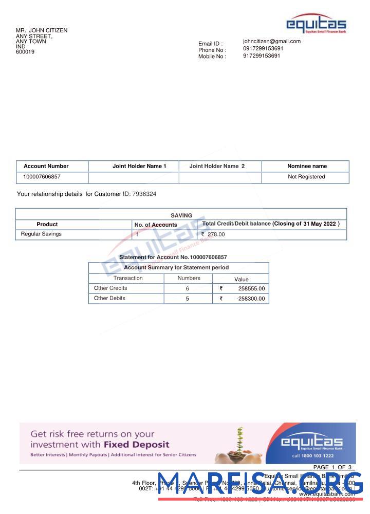 Realistic INDIA EQUITAS bank statement word sample